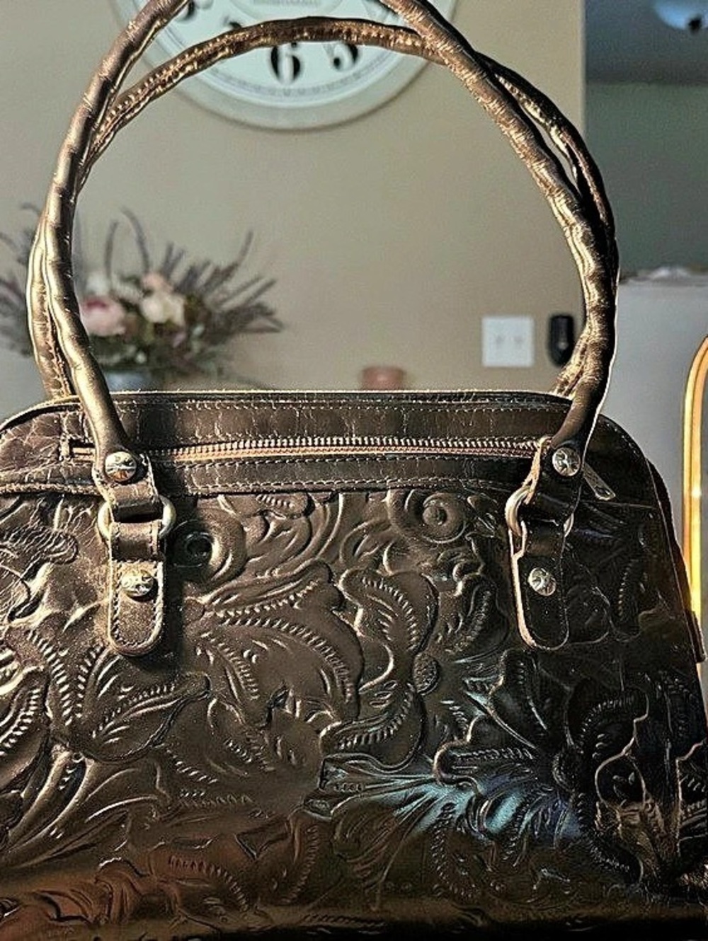 Patricia Nash Black Tooled Leather Shoulder Bag Floral Embossed Purse. Dust bag